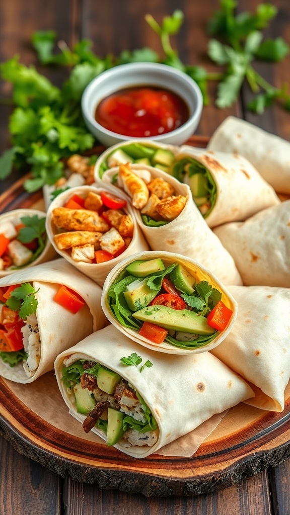 A variety of tortilla wraps filled with chicken, vegetables, and avocado, served with salsa on a wooden platter.